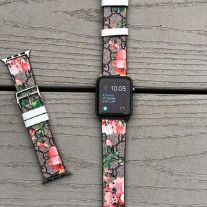 Leather Apple Watch Band Luxury Designer Flower Red 38mm 40mm 42mm 44mm Silver